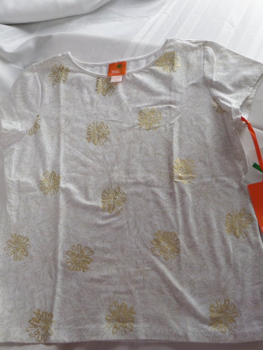 Ruby Rd. Woman's Short Sleeve Top White with Gold Flowers Size L NWT
